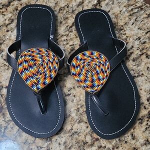 Black Beaded Thong Sandals - Colorful Multicolor Accents 38/7.5 New, Never Worn